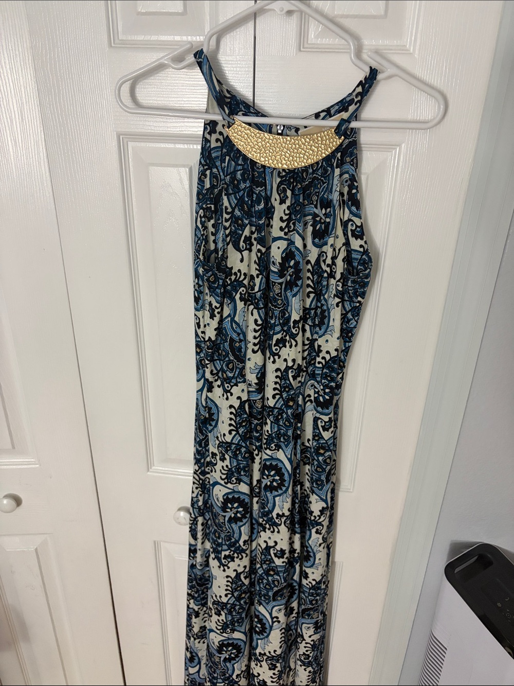 Michael Kors Blue and Cream Paisley Maxi Dress with Gold Neck Accent